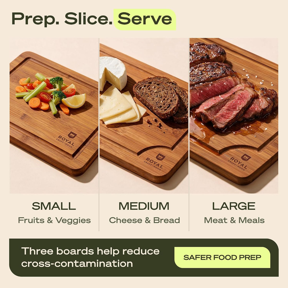 ROYAL CRAFT WOOD Wooden Cutting Boards for Kitchen Appliances - Non Toxic Bamboo Wood Cutting Board Set with Deep Juice Groove, Side Handles, Charcuterie & Butcher Block for Meat, Meal Prep & Serving