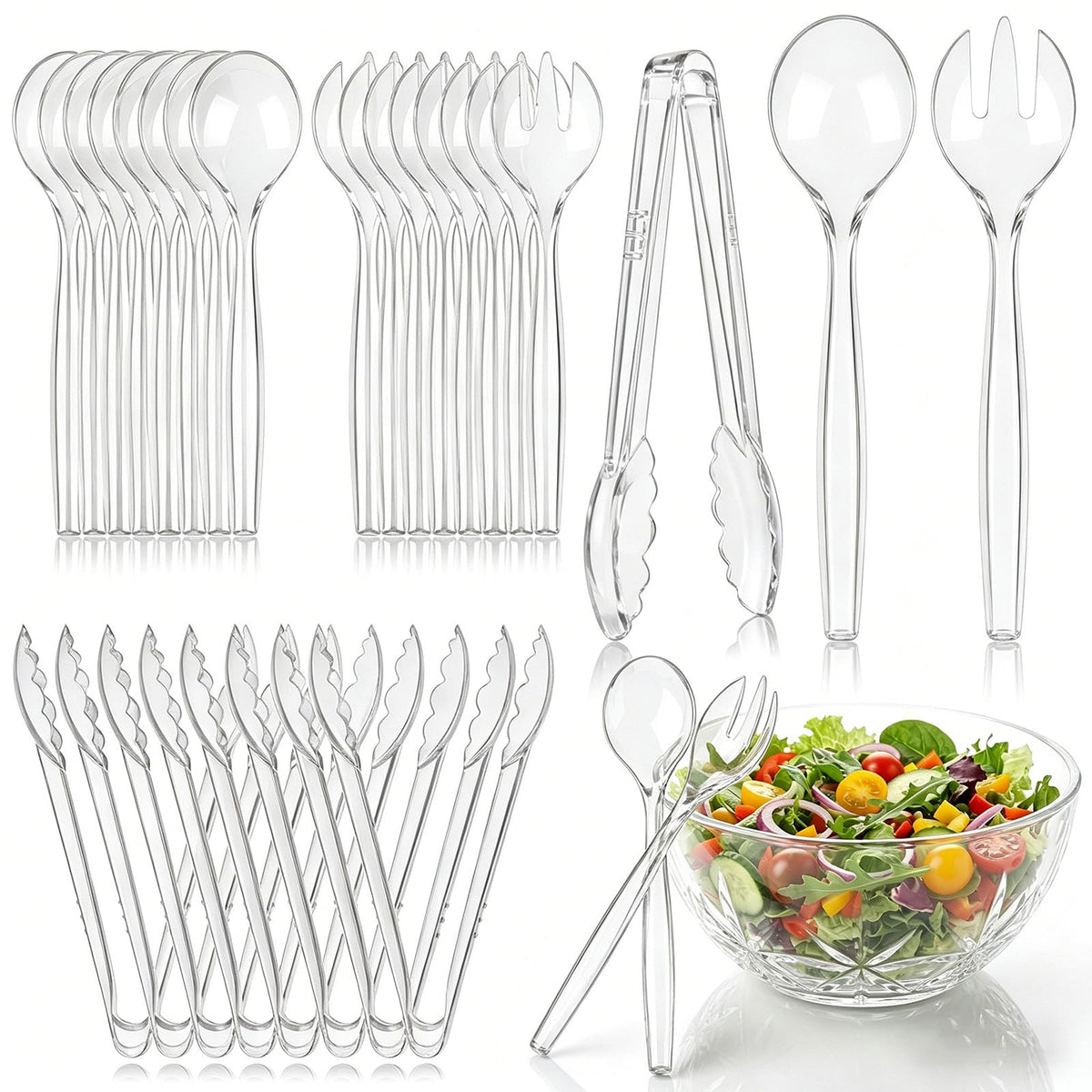 24 Pcs Disposable Black Plastic Serving Utensils,8 Set Including 9.72" Plastic Serving Spoons, Forks and 8.46" Tongs, for Dinner Parties, Buffets,Banquets, Events, Weddings, and Daily Use