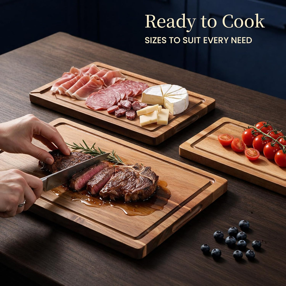 Kikcoin Food Safe Acacia Wood Cutting Board Set, Reversible Tray