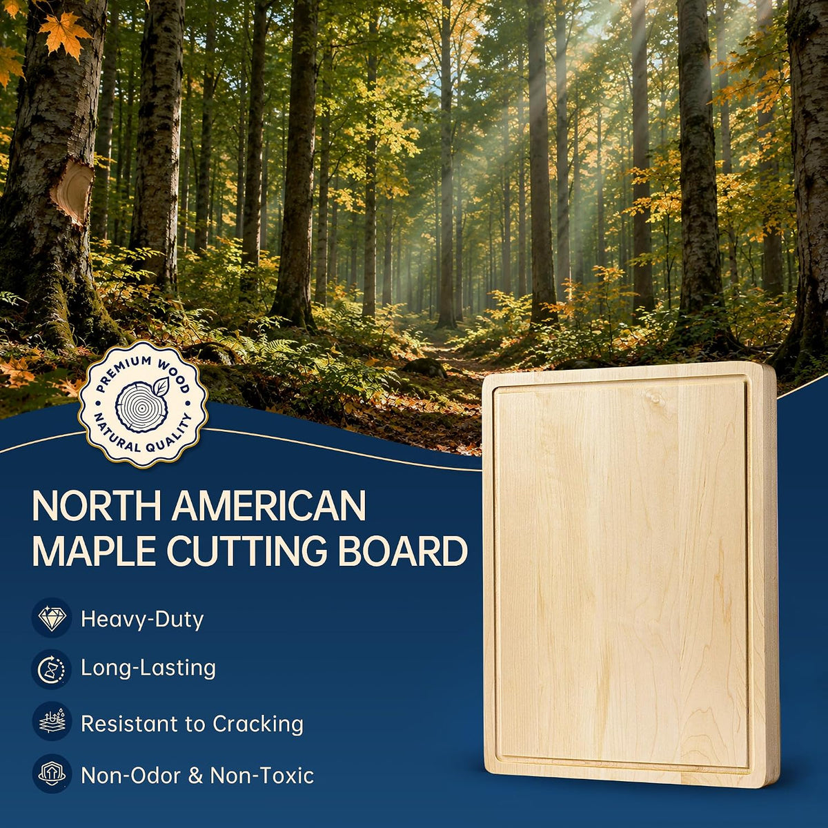 Hard Maple Cutting Board for Kitchen, Solid Wooden Chopping Board