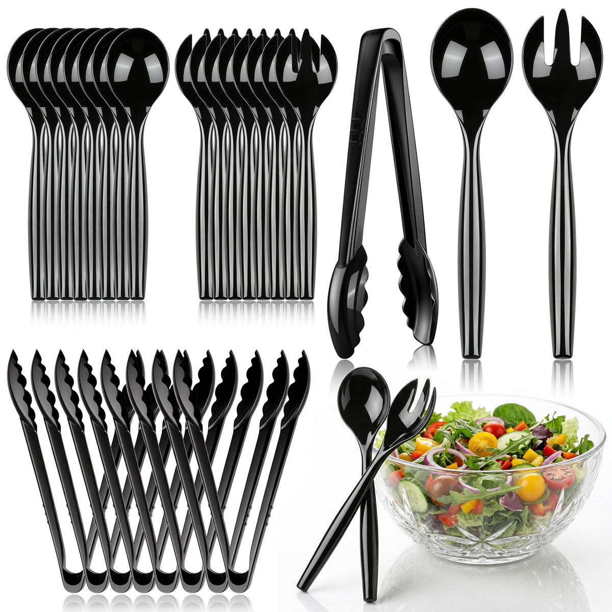 24 Pcs Disposable Black Plastic Serving Utensils,8 Set Including 9.72" Plastic Serving Spoons, Forks and 8.46" Tongs, for Dinner Parties, Buffets,Banquets, Events, Weddings, and Daily Use