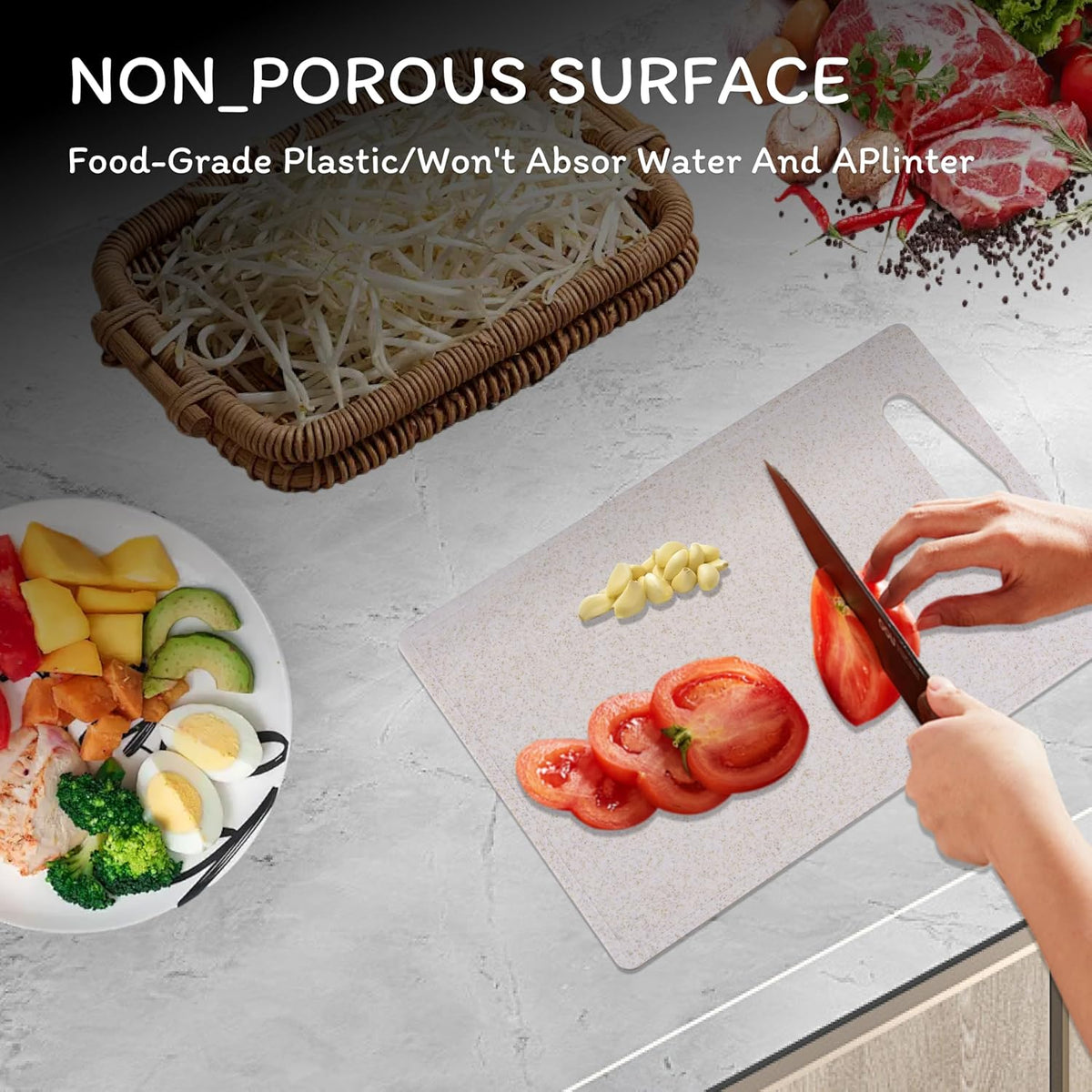 Cutting Board for Kitchen, Wheat Straw Fiber Cutting Board, Dish Washer Safe, w/Juice Grooves for Meat, Veggies, Easy Grip Handle, Non-slip Surface Eco-friendly Serveware Accessories (10‘x6.3’)
