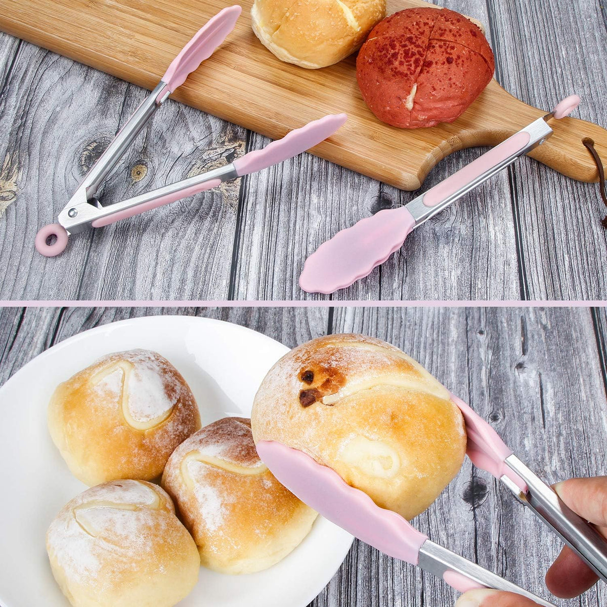 MSY BIGSUNNY Kitchen Food Tongs - 7" Mini Silicone Serving Tongs - Set of 3 (Pink)