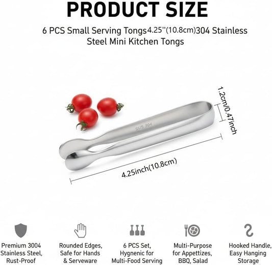 Small Serving Tongs, Stainless Steel Mini Tongs for Appetizers Set of 6