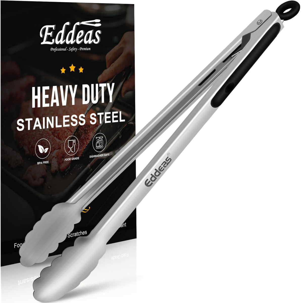EDDEAS Tongs For Cooking - Heat Resistant 600 Degrees Stainless Steel Kitchen Tong,Heavy Duty Metal Locking Tongs - Perfect for Food, BBQ set of 3 (7",9" and 12") Grey