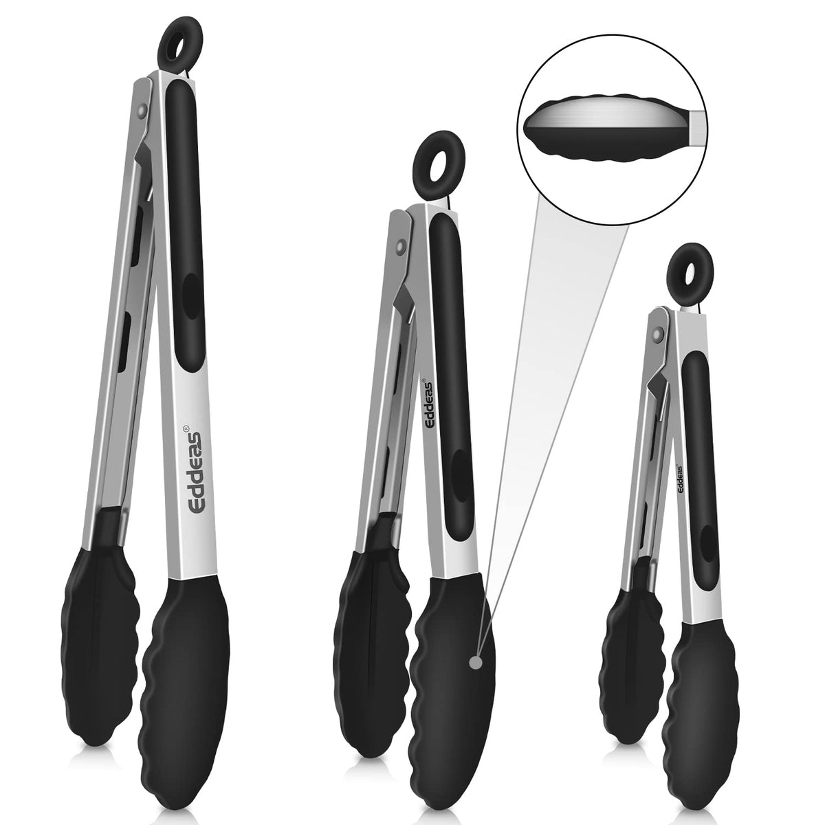 EDDEAS Tongs For Cooking - Heat Resistant 600 Degrees Stainless Steel Kitchen Tong,Heavy Duty Metal Locking Tongs - Perfect for Food, BBQ set of 3 (7",9" and 12") Grey