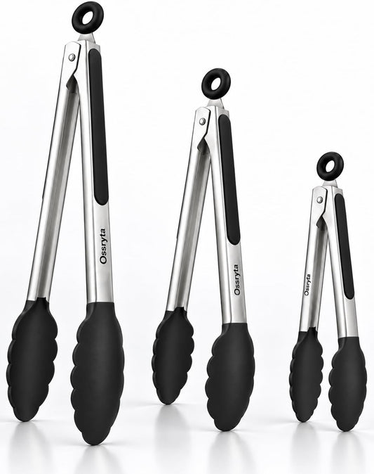 Kitchen Tongs with Silicone Tips - Heat Resistant 600°F Stainless Steel Cooking Tong Set, Non-Stick 7" 9" 12" Locking Silicone Tongs for Cooking, Grilling, Serving & Baking (3-Piece, Black)