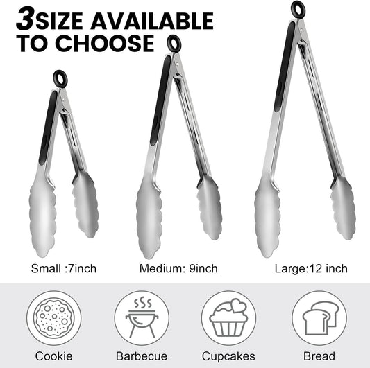 Chengu 12 Pack Stainless Steel Kitchen Tongs, 7/9/12 Inches