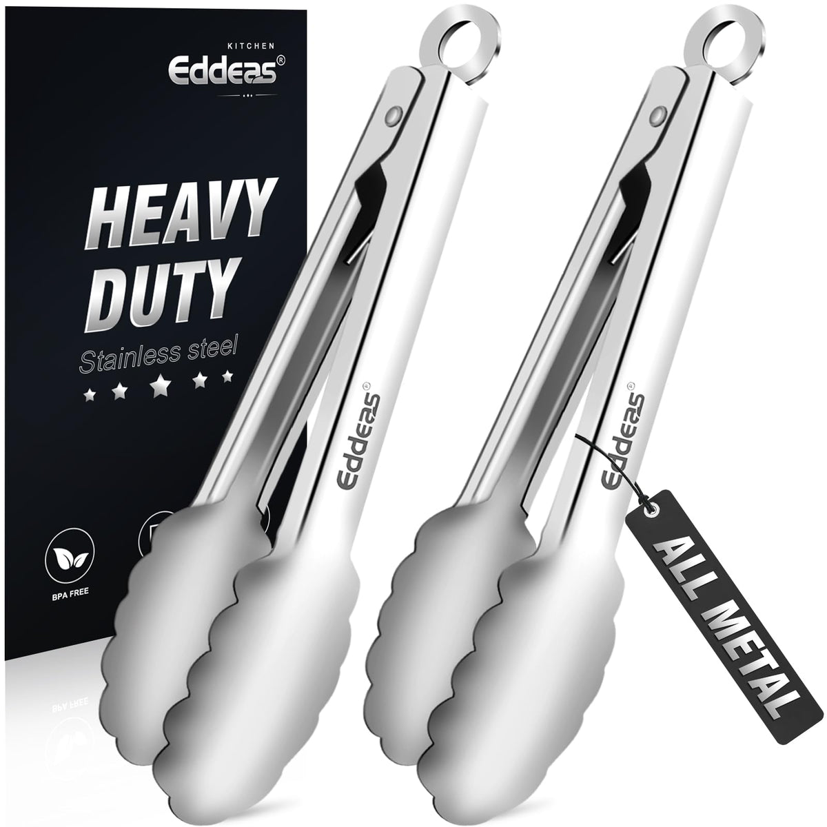 EDDEAS Tongs For Cooking - Heat Resistant 600 Degrees Stainless Steel Kitchen Tong,Heavy Duty Metal Locking Tongs - Perfect for Food, BBQ set of 3 (7",9" and 12") Grey