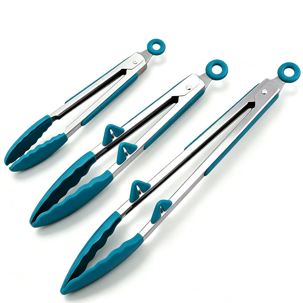 Kitchen Tongs for Cooking with Silicone Tips, 3 Size Mini Tong Peacock Blue