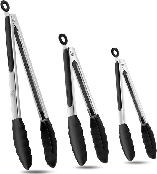 Silicone Kitchen Tongs for Cooking, Stainless Steel, 3PCS, Black