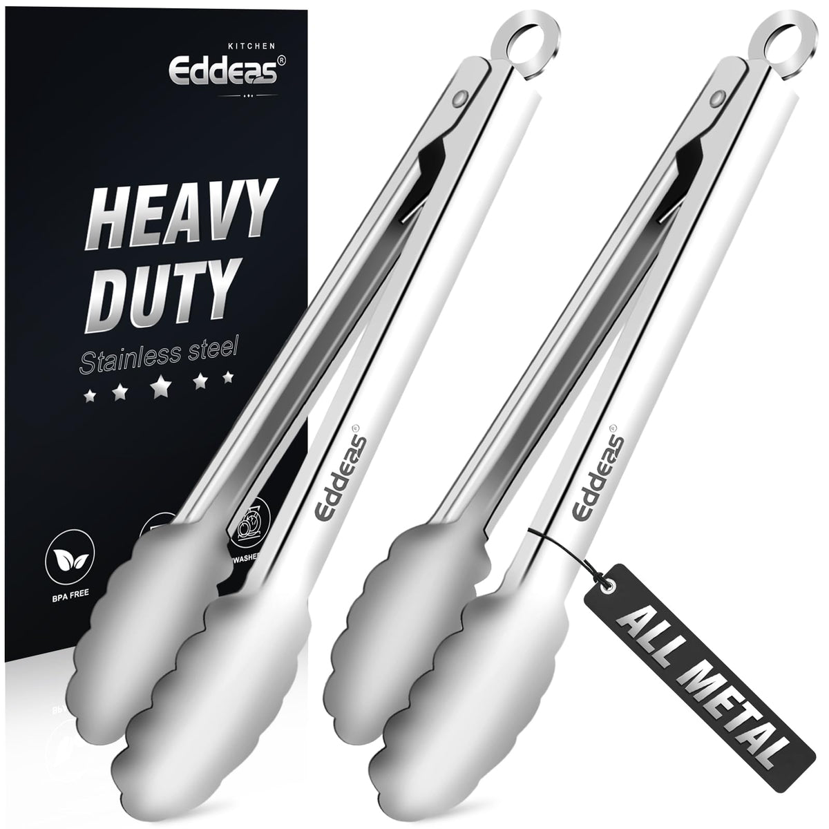 EDDEAS Tongs For Cooking - Heat Resistant 600 Degrees Stainless Steel Kitchen Tong,Heavy Duty Metal Locking Tongs - Perfect for Food, BBQ set of 3 (7",9" and 12") Grey
