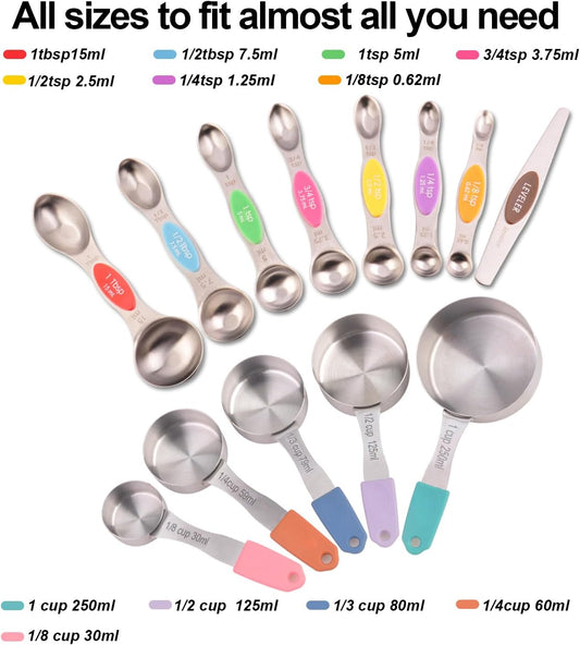 13-Piece All-Magnetic Measuring Cups and Spoons Set, 430 Stainless Steel Metal Measuring Cup and Spoon Set with Silicone Handles & Leveler for Baking Cooking (Multi-color)