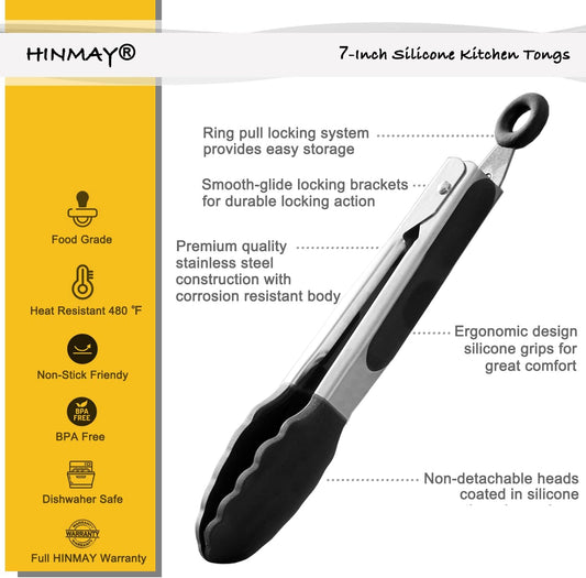 HINMAY Mini Tongs with Silicone Tips 7-Inch Kitchen Tongs, Set of 3 (Black)