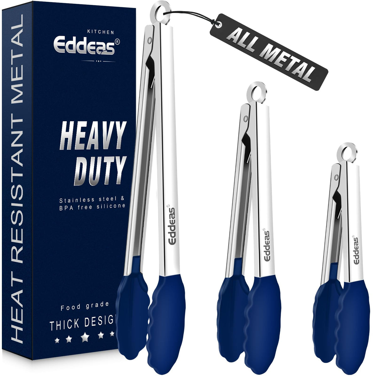 EDDEAS Tongs For Cooking - Heat Resistant 600 Degrees Stainless Steel Kitchen Tong,Heavy Duty Metal Locking Tongs - Perfect for Food, BBQ set of 3 (7",9" and 12") Grey