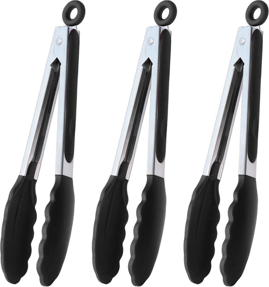 HINMAY Serving Tongs 9" Cooking Tongs with Silicone Tips, Set of 3 (Black)