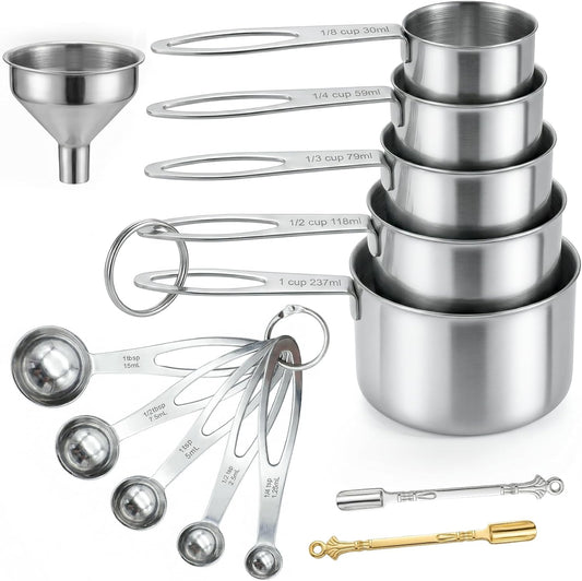 13PCS Stainless Steel Measuring Cups and Spoons Set with Funnel, Stackable Metal Measuring Cup and Spoon Set for Baking Cooking, Dishwasher Safe Kitchen Tools with for Dry & Liquid Ingredients