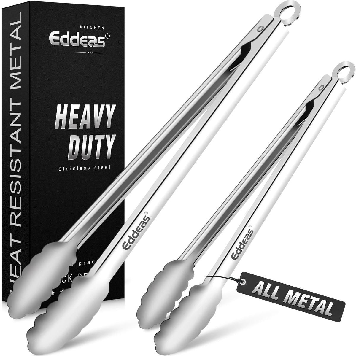 EDDEAS Tongs For Cooking - Heat Resistant 600 Degrees Stainless Steel Kitchen Tong,Heavy Duty Metal Locking Tongs - Perfect for Food, BBQ set of 3 (7",9" and 12") Grey