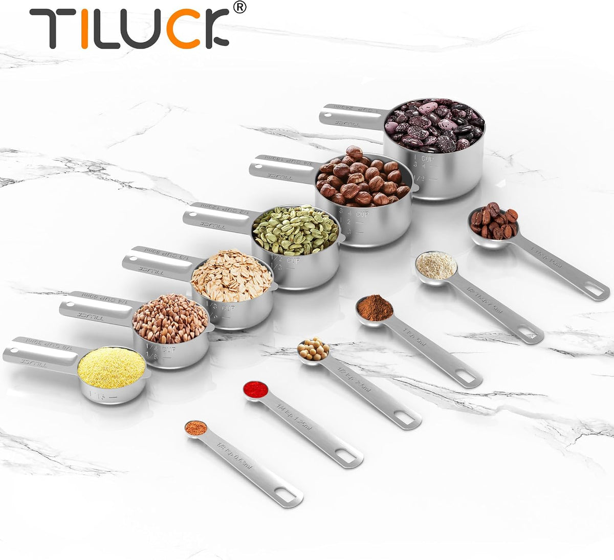 TILUCK Stainless Steel Measuring Cups & Spoons Set, Cups and Spoons