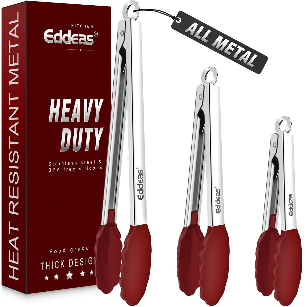 EDDEAS Tongs For Cooking - Heat Resistant 600 Degrees Stainless Steel Kitchen Tong,Heavy Duty Metal Locking Tongs - Perfect for Food, BBQ set of 3 (7",9" and 12") Grey