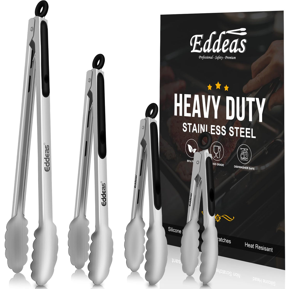EDDEAS Tongs For Cooking - Heat Resistant 600 Degrees Stainless Steel Kitchen Tong,Heavy Duty Metal Locking Tongs - Perfect for Food, BBQ set of 3 (7",9" and 12") Grey