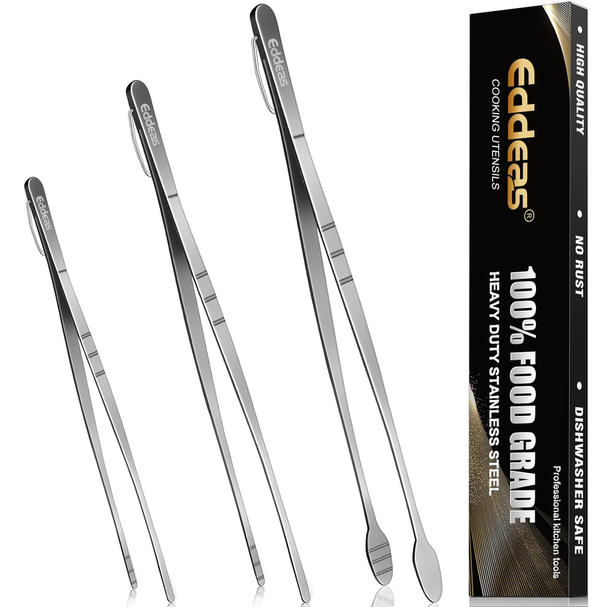 EDDEAS Tongs For Cooking - Heat Resistant 600 Degrees Stainless Steel Kitchen Tong,Heavy Duty Metal Locking Tongs - Perfect for Food, BBQ set of 3 (7",9" and 12") Grey