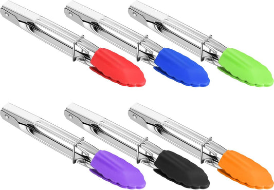 Mudder 6 Pack Mini Tongs with Silicone Tips 7 Inch, Mini Serving Tongs