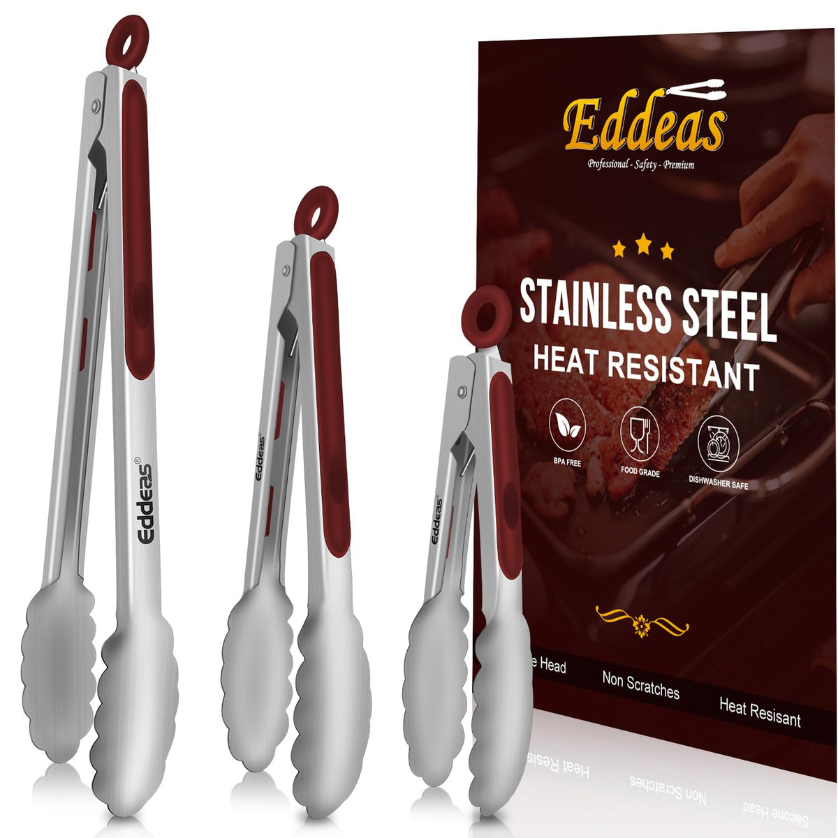 EDDEAS Tongs For Cooking - Heat Resistant 600 Degrees Stainless Steel Kitchen Tong,Heavy Duty Metal Locking Tongs - Perfect for Food, BBQ set of 3 (7",9" and 12") Grey