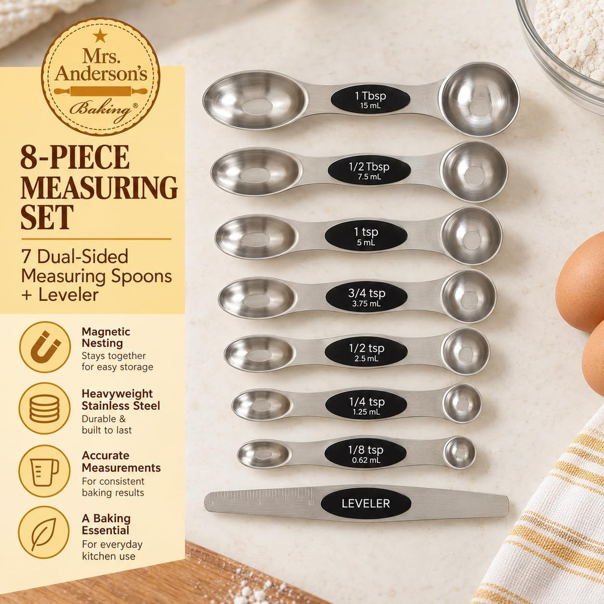 Mrs. Anderson’s Baking Dual-Sided Magnetic Measuring Spoons and Leveler, Heavyweight Stainless Steel, 8-Piece Set