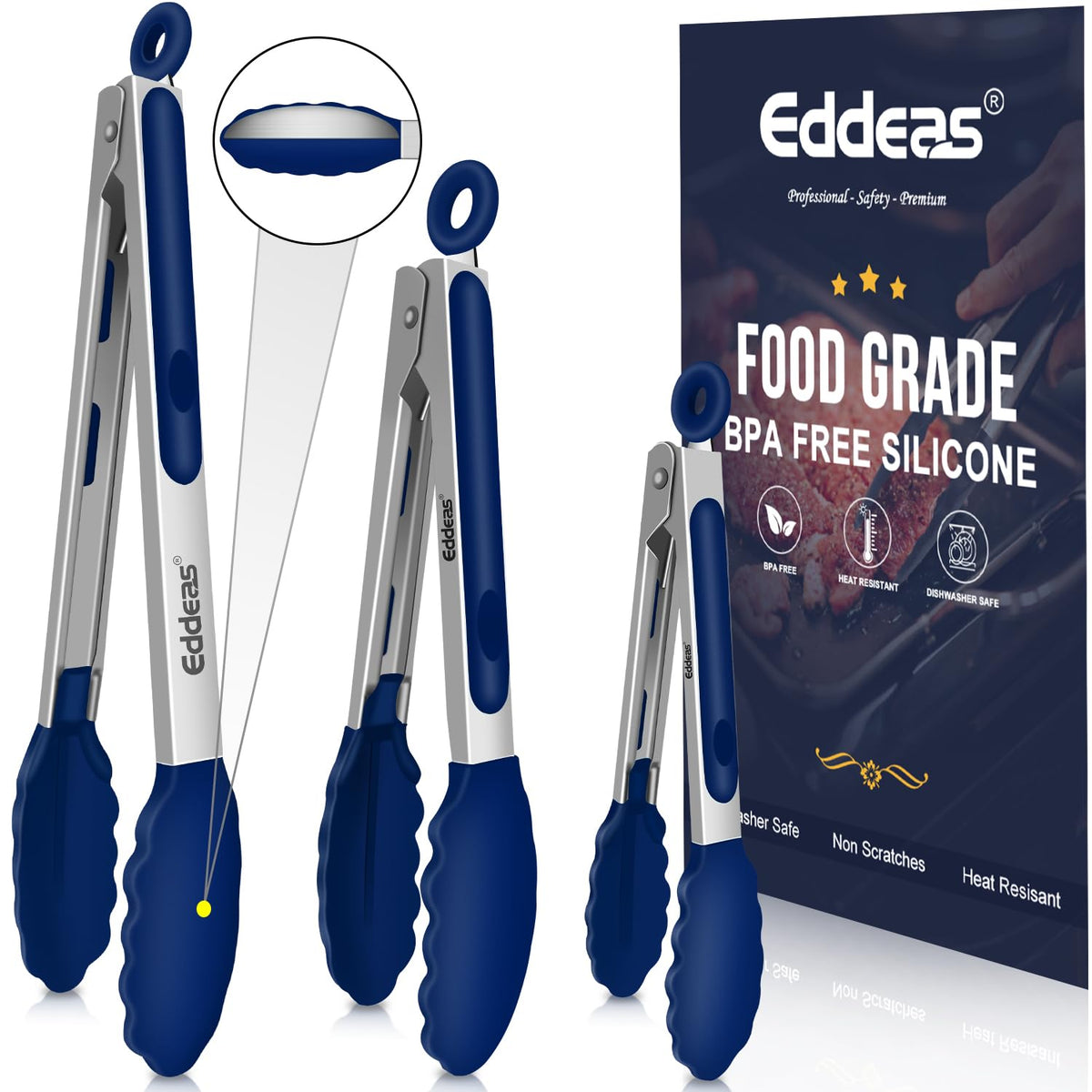 EDDEAS Tongs For Cooking - Heat Resistant 600 Degrees Stainless Steel Kitchen Tong,Heavy Duty Metal Locking Tongs - Perfect for Food, BBQ set of 3 (7",9" and 12") Grey