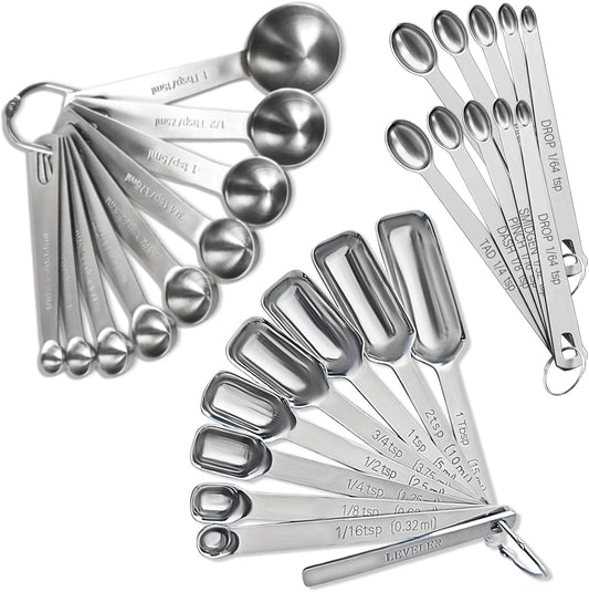 28 Pcs Stainless Steel Measuring Spoons Set with Leveler, Metal Round & Rectangular Spoons plus 2-Pack Mini Spoon Sets for Precise Cooking and Baking, Standard Sizes with Clear Engraved Markings