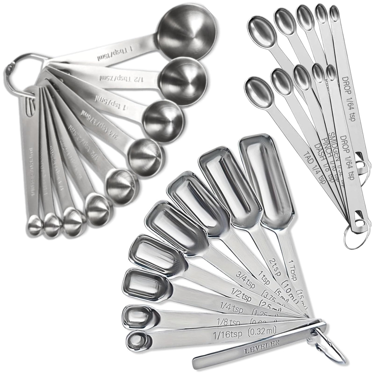 28 Pcs Stainless Steel Measuring Spoons Set with Leveler, Metal Round & Rectangular Spoons plus 2-Pack Mini Spoon Sets for Precise Cooking and Baking, Standard Sizes with Clear Engraved Markings