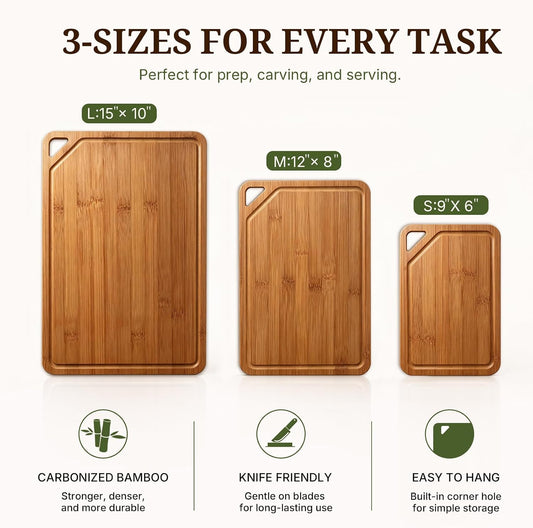 GASHELL Bamboo Cutting Board Set with Beeswax Coating for Kitchen(S+M+L)