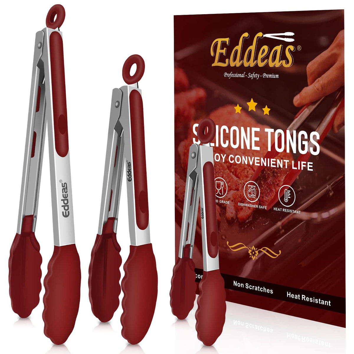 EDDEAS Tongs For Cooking - Heat Resistant 600 Degrees Stainless Steel Kitchen Tong,Heavy Duty Metal Locking Tongs - Perfect for Food, BBQ set of 3 (7",9" and 12") Grey
