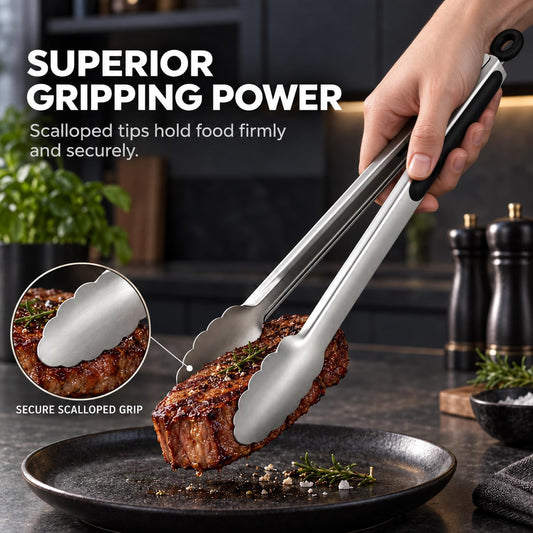 Stainless Steel Cooking Tongs Set of 3 - Heavy Duty 12/9/7 Inch Locking Tongs, Heat Resistant to 600 Degrees, Food Grade Kitchen Metal Tong for Food, Salad, & BBQ - Dishwasher Safe