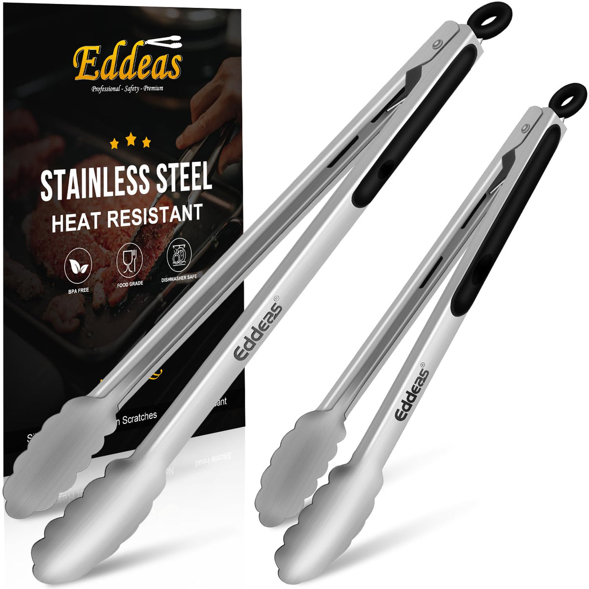 EDDEAS Tongs For Cooking - Heat Resistant 600 Degrees Stainless Steel Kitchen Tong,Heavy Duty Metal Locking Tongs - Perfect for Food, BBQ set of 3 (7",9" and 12") Grey