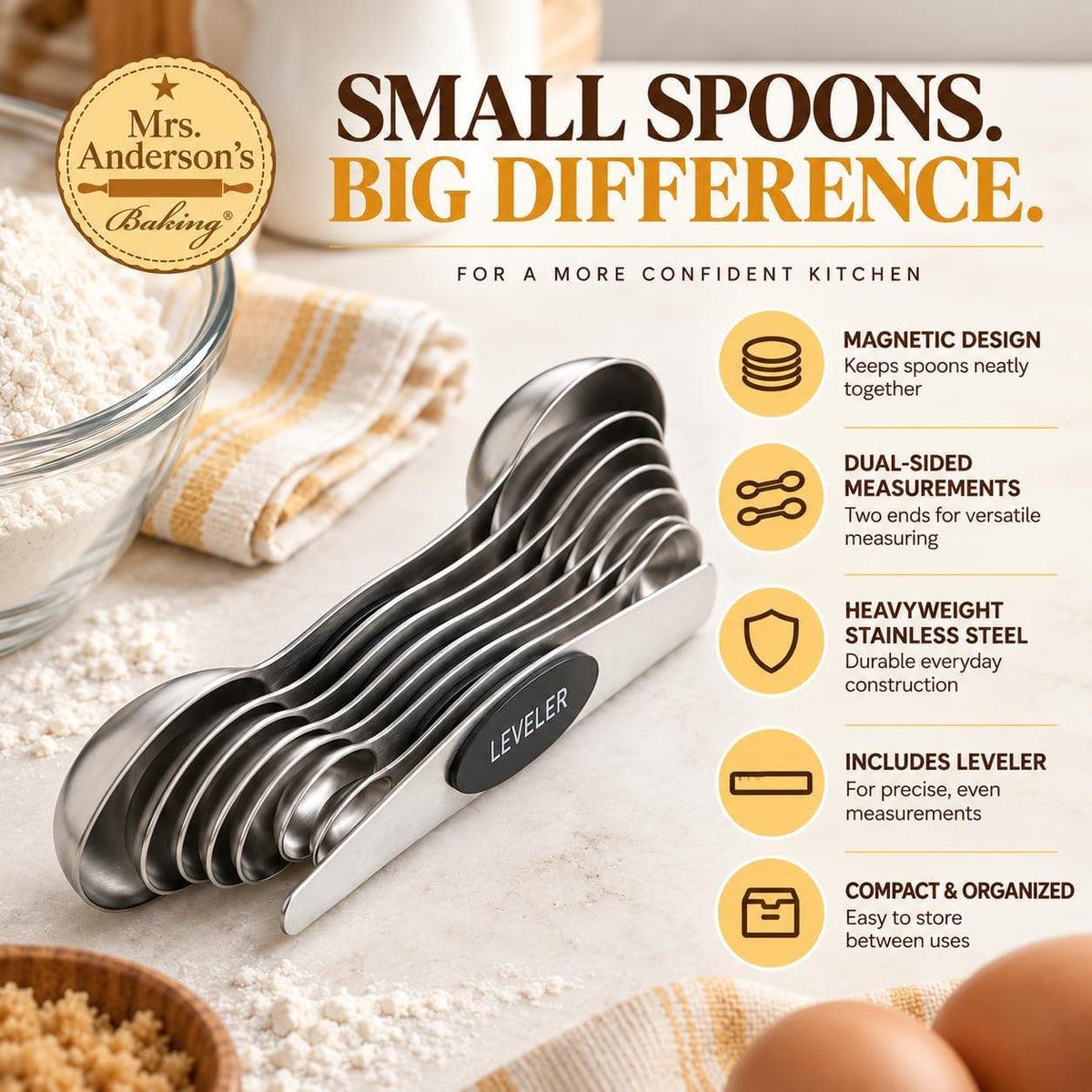 Mrs. Anderson’s Baking Dual-Sided Magnetic Measuring Spoons and Leveler, Heavyweight Stainless Steel, 8-Piece Set