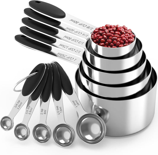 Stainless Steel Measuring Cups and Spoons Set with Silicone Handle – Nesting Design for Space-Saving, Heavy Duty & Dishwasher Safe for Dry/Liquid Ingredients, Cooking & Baking (10, Black)