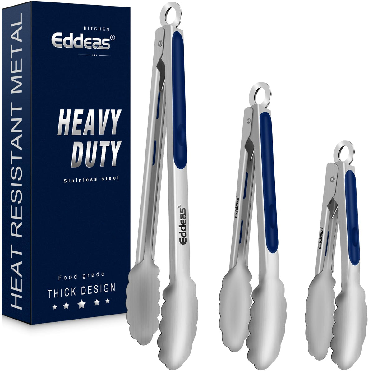 EDDEAS Tongs For Cooking - Heat Resistant 600 Degrees Stainless Steel Kitchen Tong,Heavy Duty Metal Locking Tongs - Perfect for Food, BBQ set of 3 (7",9" and 12") Grey