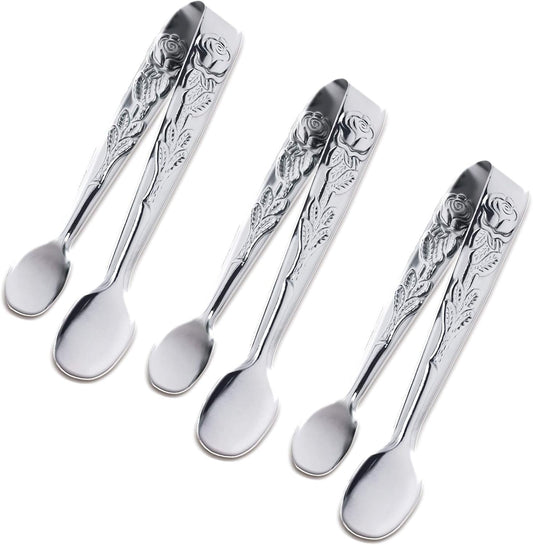 3PCS Mini Serving Tongs, 4Inch Rose Stainless Steel Sugar Cube Tongs, Sliver Small Ice Tong for Tea and Coffee Party, Appetizers, Desserts by Sunenlyst (Silver)
