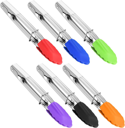 Mudder 6 Pack Mini Tongs with Silicone Tips 7 Inch, Mini Serving Tongs