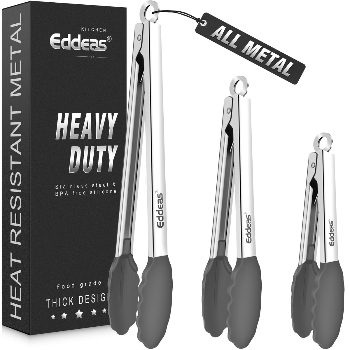 EDDEAS Tongs For Cooking - Heat Resistant 600 Degrees Stainless Steel Kitchen Tong,Heavy Duty Metal Locking Tongs - Perfect for Food, BBQ set of 3 (7",9" and 12") Grey