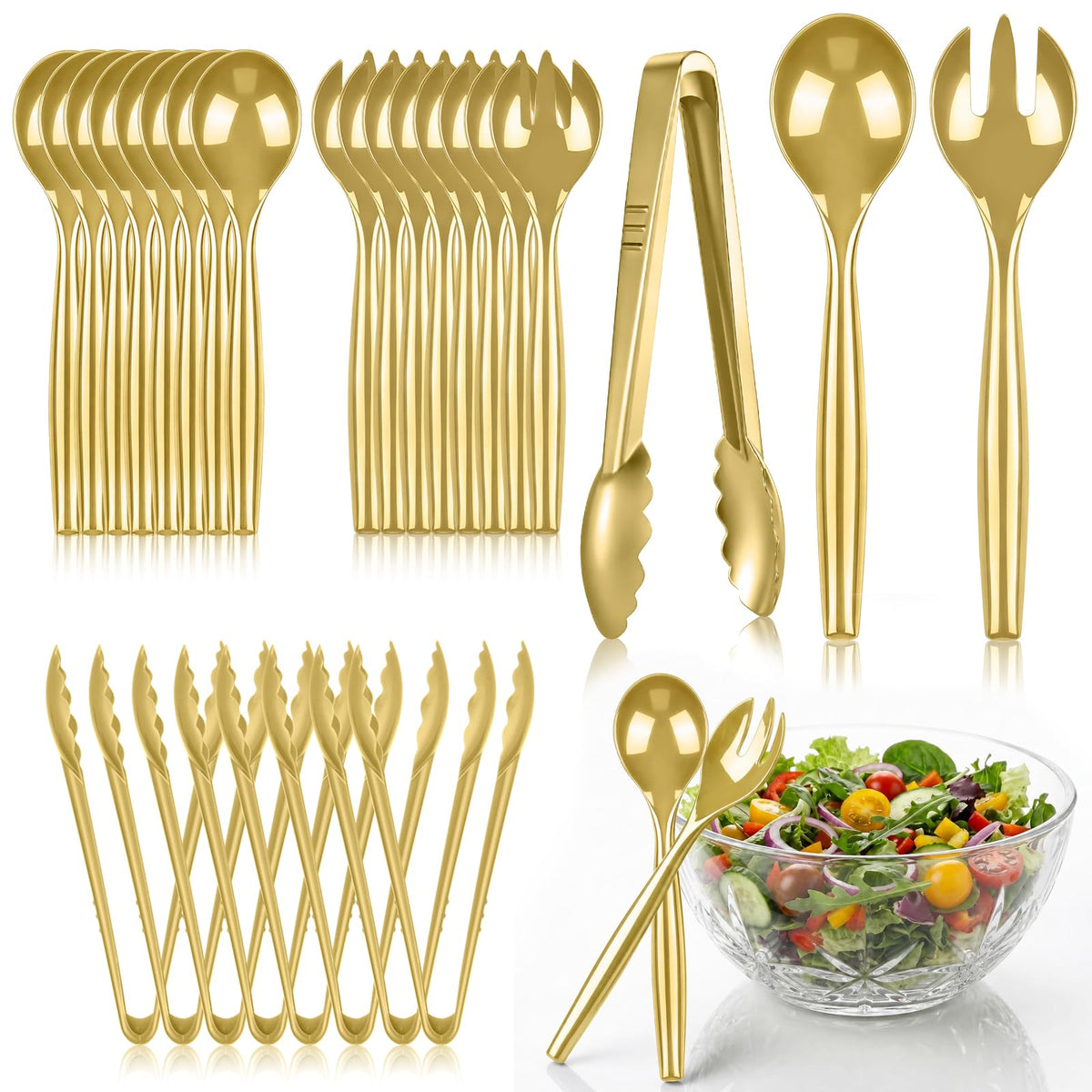 24 Pcs Disposable Black Plastic Serving Utensils,8 Set Including 9.72" Plastic Serving Spoons, Forks and 8.46" Tongs, for Dinner Parties, Buffets,Banquets, Events, Weddings, and Daily Use