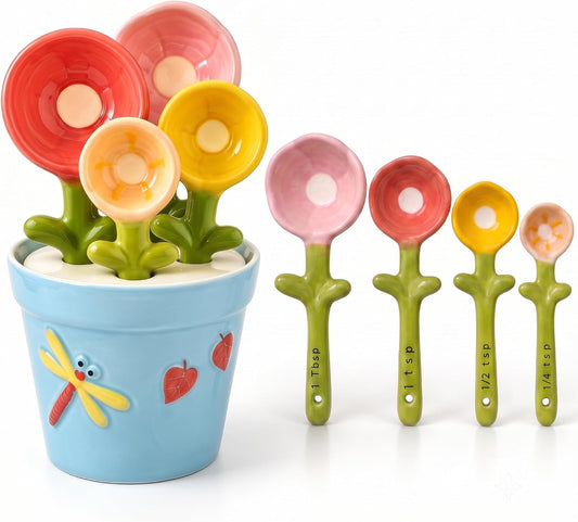 Cute Flower Ceramic Measuring Spoons Set with Base, Kitchen Decorate Gifts
