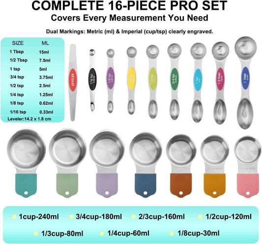 Magnetic Measuring Cups and Spoons Set of 16, 7 Stainless Steel Measuring Cups, 8 Double-Sided Measuring Spoons with 1 Leveler, Color Coded Handles, Dual Markings for Dry and Liquid Ingredients