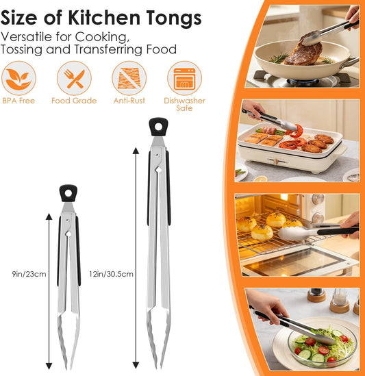 Hotec Stainless Steel Kitchen Tongs for Cooking, Set of 3-7", 9" and 12"