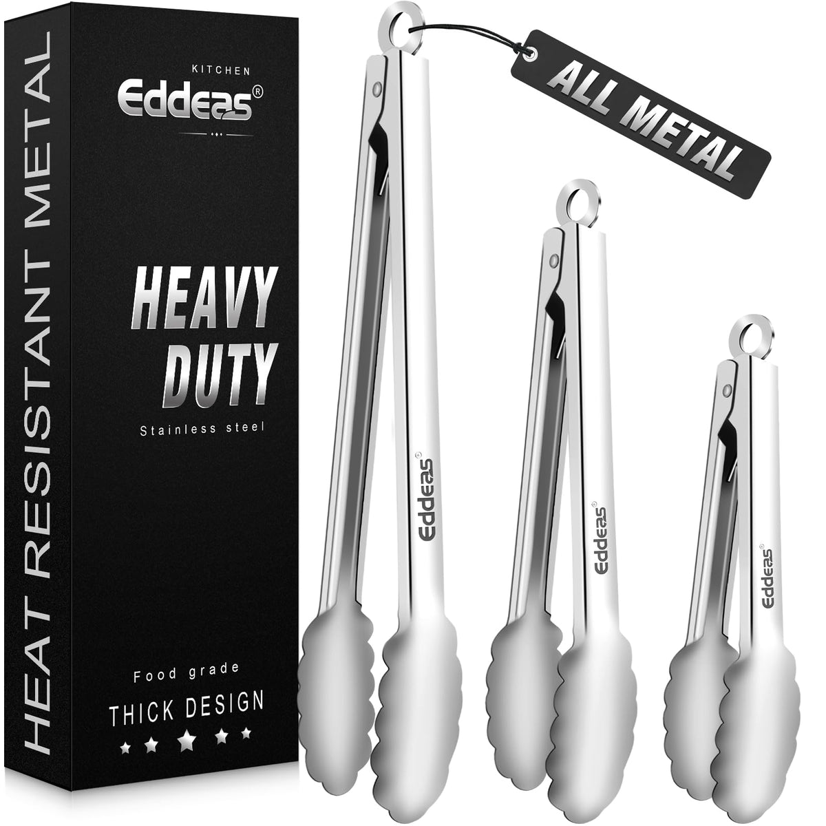 EDDEAS Tongs For Cooking - Heat Resistant 600 Degrees Stainless Steel Kitchen Tong,Heavy Duty Metal Locking Tongs - Perfect for Food, BBQ set of 3 (7",9" and 12") Grey