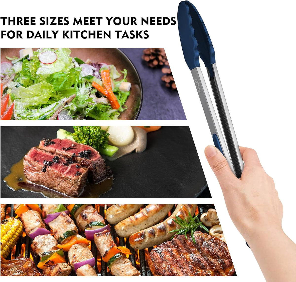 HOTEC Stainless Steel Kitchen Tongs with Silicon Tips, Set of 3-7", 9" &12"