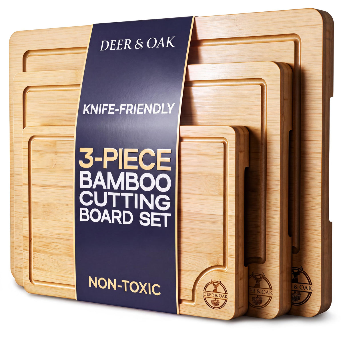 Deer & Oak 3-Piece Bamboo Cutting Board Carbonized Set, Pre-Oiled