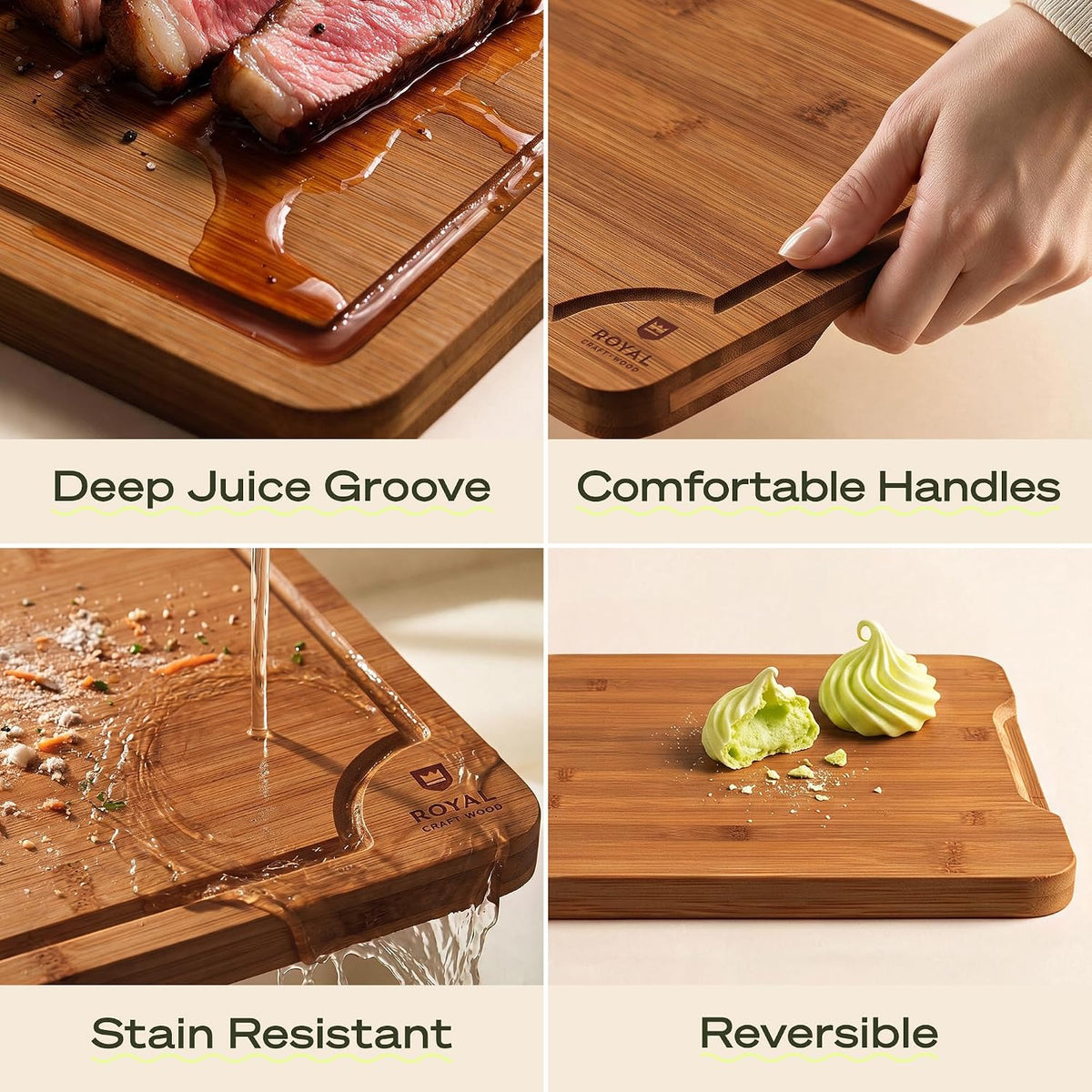 ROYAL CRAFT WOOD Wooden Cutting Boards for Kitchen Appliances - Non Toxic Bamboo Wood Cutting Board Set with Deep Juice Groove, Side Handles, Charcuterie & Butcher Block for Meat, Meal Prep & Serving